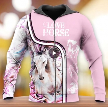3 D Print Allover Sweat Jacket Hoodie Love Horses pink